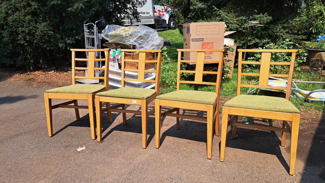 Set Of 4 Showers Brothers Wooden Dining Chairs With Green Upholstered Seats And Slat Backs: 19 inches wide 32. 5 inches tall, 22 inches deep Low Estimate: 60 High Estimate: 450