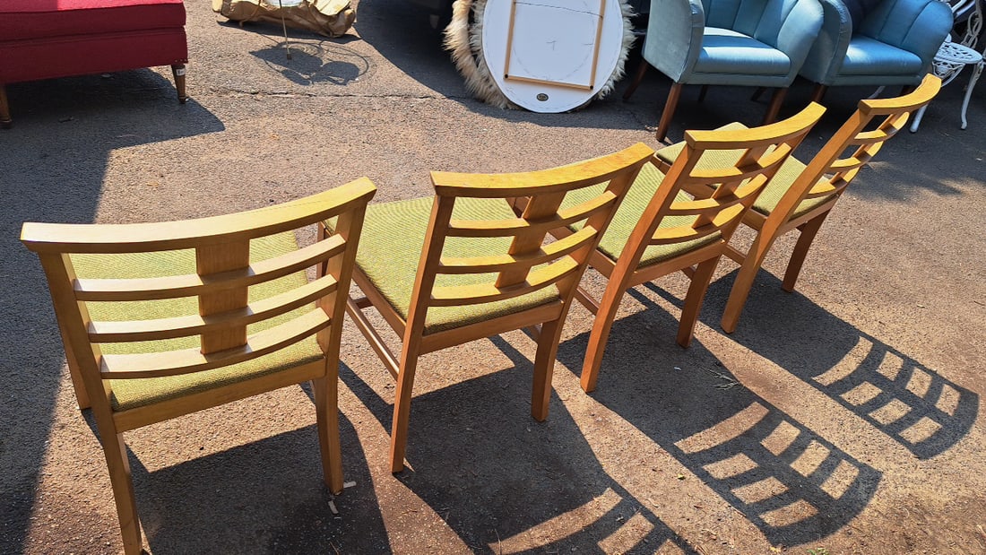 Set Of 4 Showers Brothers Wooden Dining Chairs With Green Upholstered Seats And Slat Backs - 4