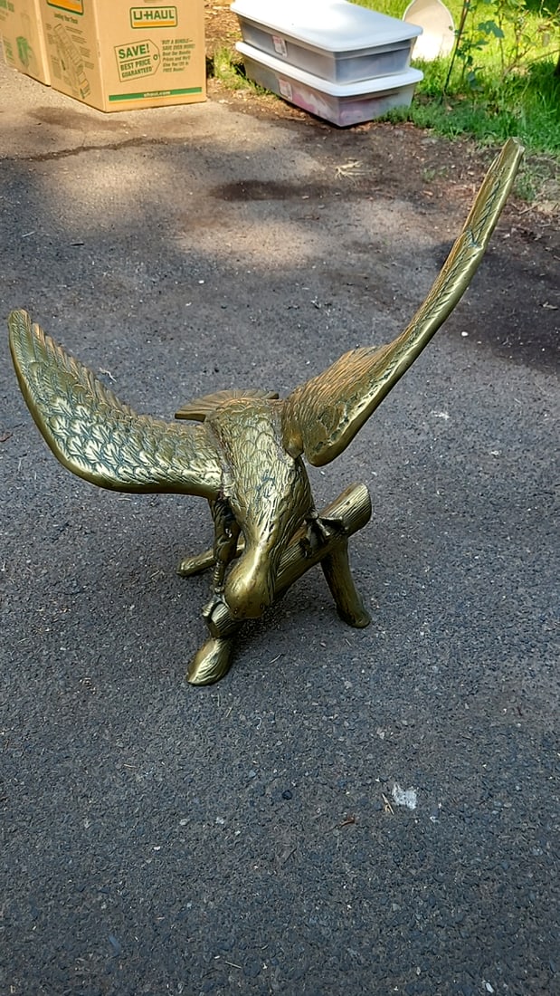 Brass Eagle Sculpture With Spread Wings On Branch (1 of 4)
