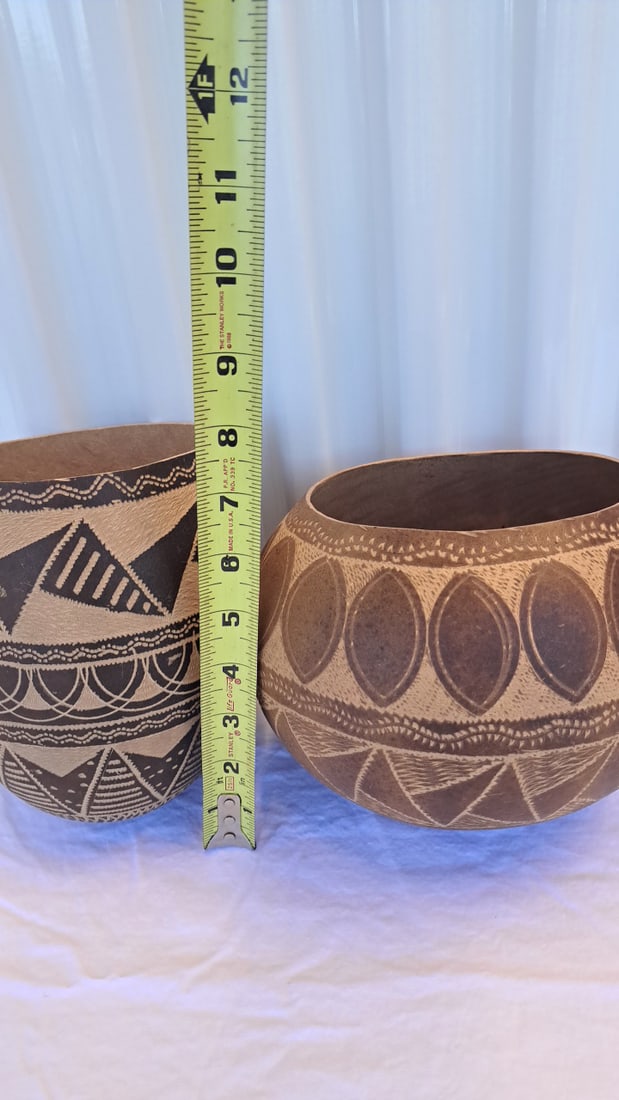 Pair Of Etched Brown Gourd Vessels With Geometric Patterns, Approx. 6-8 In Tall - 2