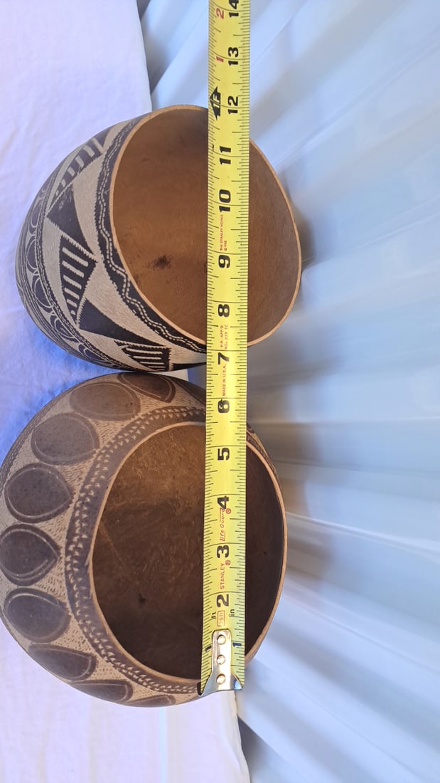 Pair Of Etched Brown Gourd Vessels With Geometric Patterns, Approx. 6-8 In Tall - 3