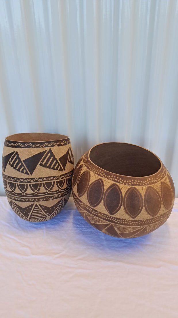 Pair Of Etched Brown Gourd Vessels With Geometric Patterns, Approx. 6-8 In Tall - 4
