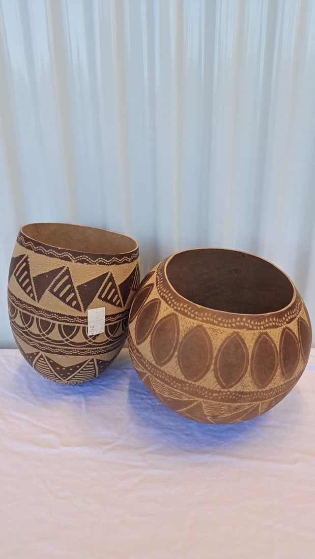 Pair Of Etched Brown Gourd Vessels With Geometric Patterns, Approx. 6-8 In Tall - 5