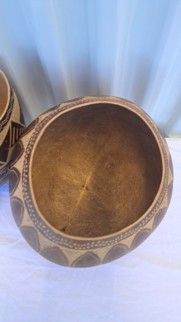Pair Of Etched Brown Gourd Vessels With Geometric Patterns, Approx. 6-8 In Tall - 6