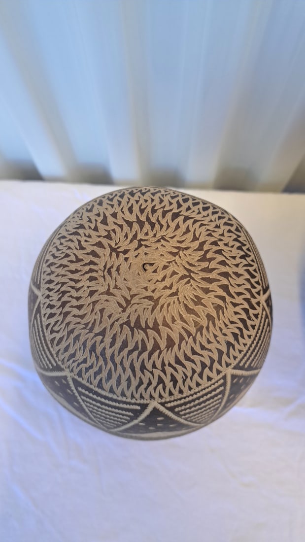 Pair Of Etched Brown Gourd Vessels With Geometric Patterns, Approx. 6-8 In Tall - 8