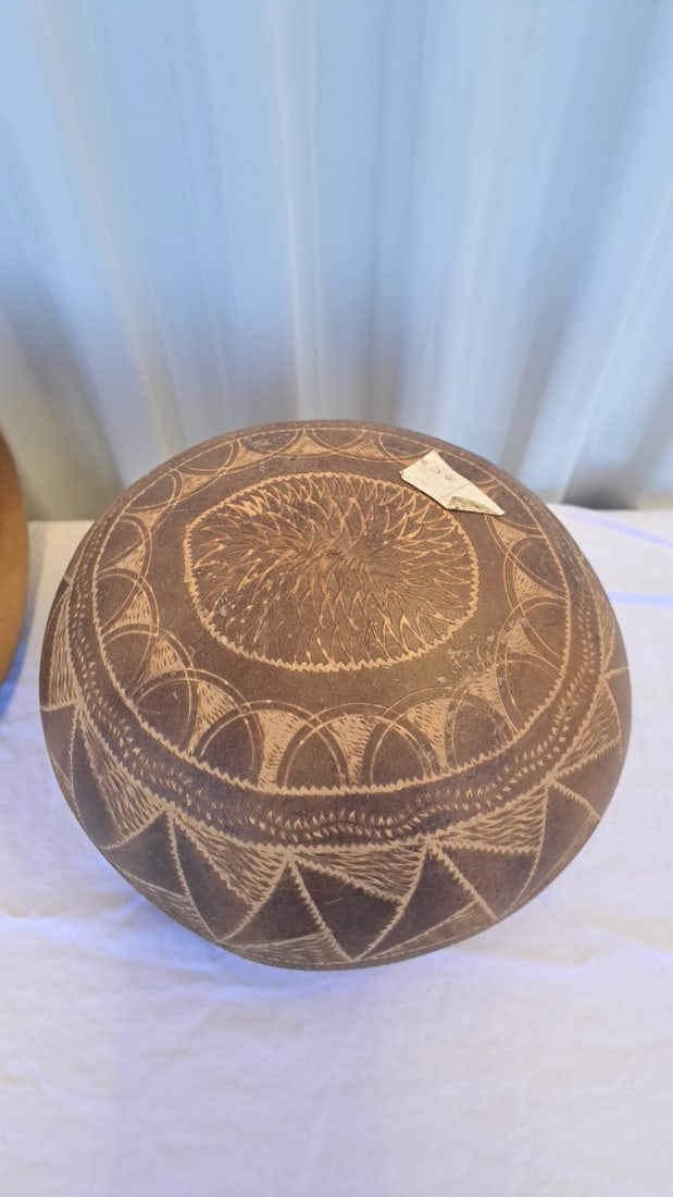 Pair Of Etched Brown Gourd Vessels With Geometric Patterns, Approx. 6-8 In Tall - 9