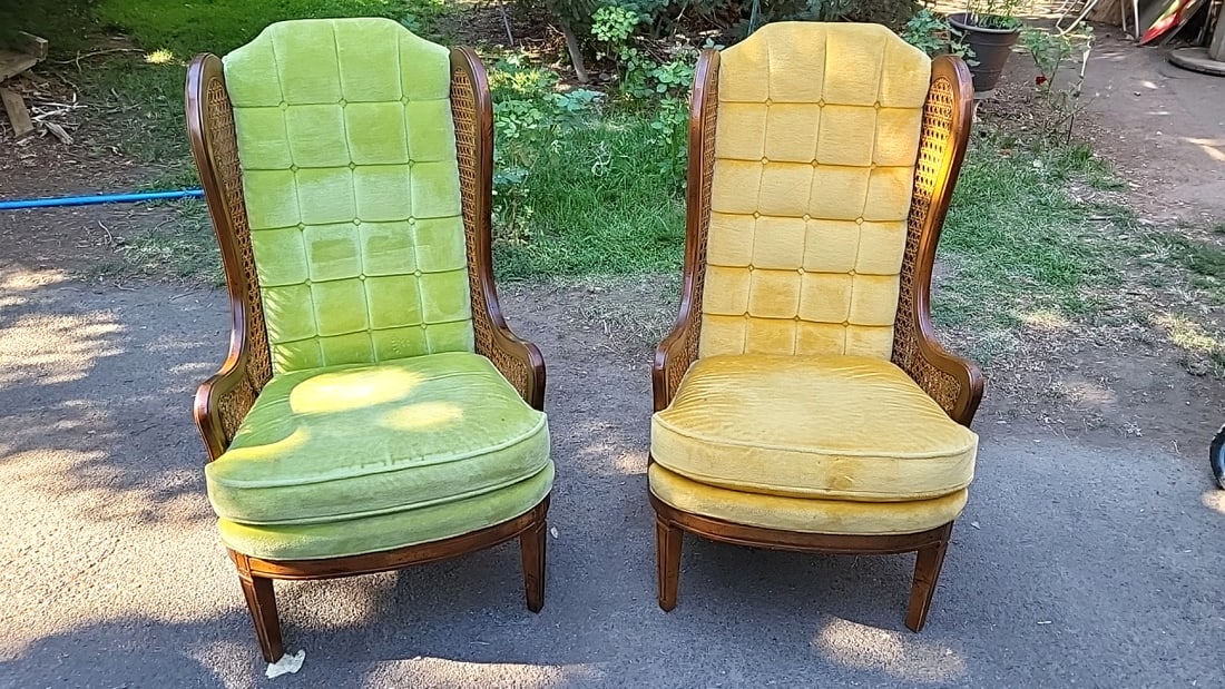 Pair Lewittes Style 1532 High-back Cane Armchairs, Gold & Green Orlon Upholstery: 45. 5 inches high, 26 inches wide, seat back is 30 inches high Low Estimate: 100 High Estimate: 900