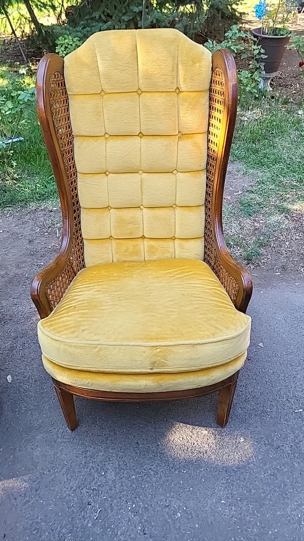 Pair Lewittes Style 1532 High-back Cane Armchairs, Gold & Green Orlon Upholstery - 2