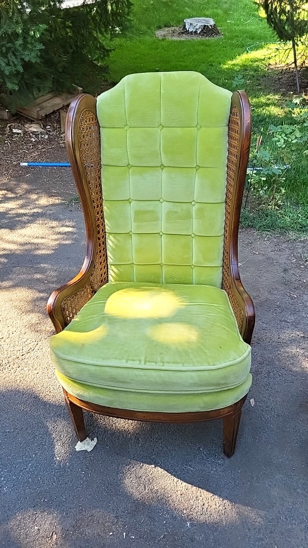 Pair Lewittes Style 1532 High-back Cane Armchairs, Gold & Green Orlon Upholstery - 3