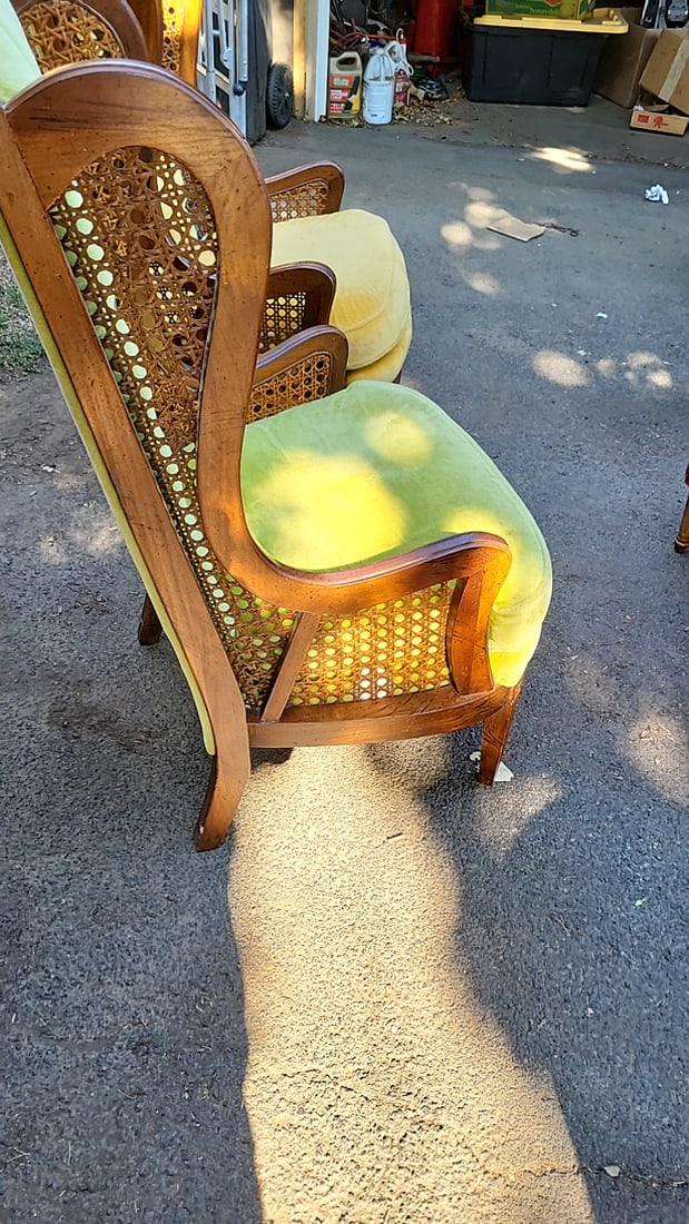Pair Lewittes Style 1532 High-back Cane Armchairs, Gold & Green Orlon Upholstery - 6