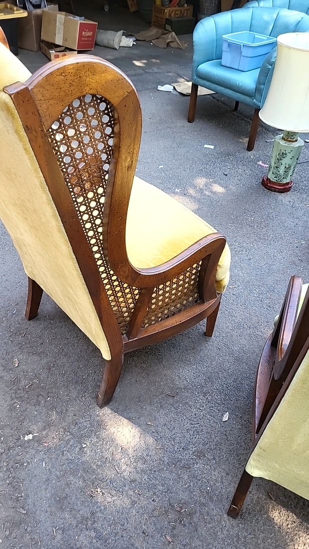 Pair Lewittes Style 1532 High-back Cane Armchairs, Gold & Green Orlon Upholstery - 7