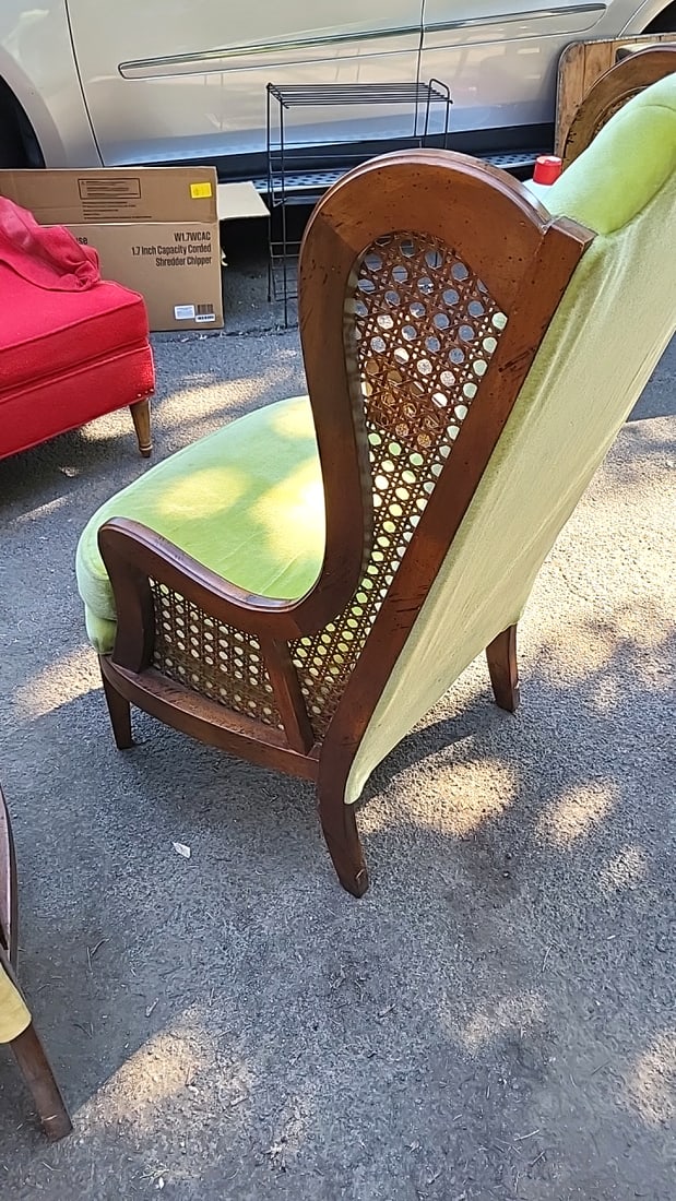 Pair Lewittes Style 1532 High-back Cane Armchairs, Gold & Green Orlon Upholstery - 8