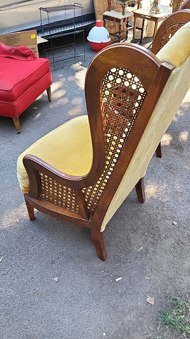 Pair Lewittes Style 1532 High-back Cane Armchairs, Gold & Green Orlon Upholstery - 9