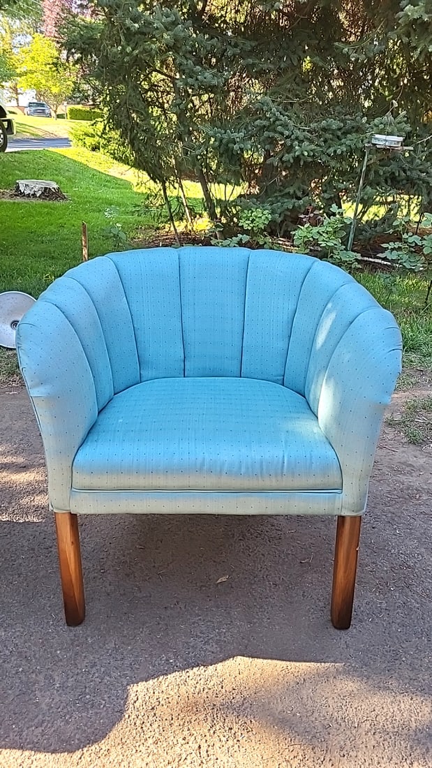 Pair Of Light Blue Upholstered Barrel Chairs With Channel Tufted Backs And Wood Legs - 2