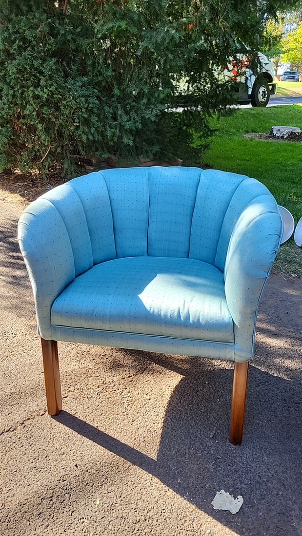 Pair Of Light Blue Upholstered Barrel Chairs With Channel Tufted Backs And Wood Legs - 3