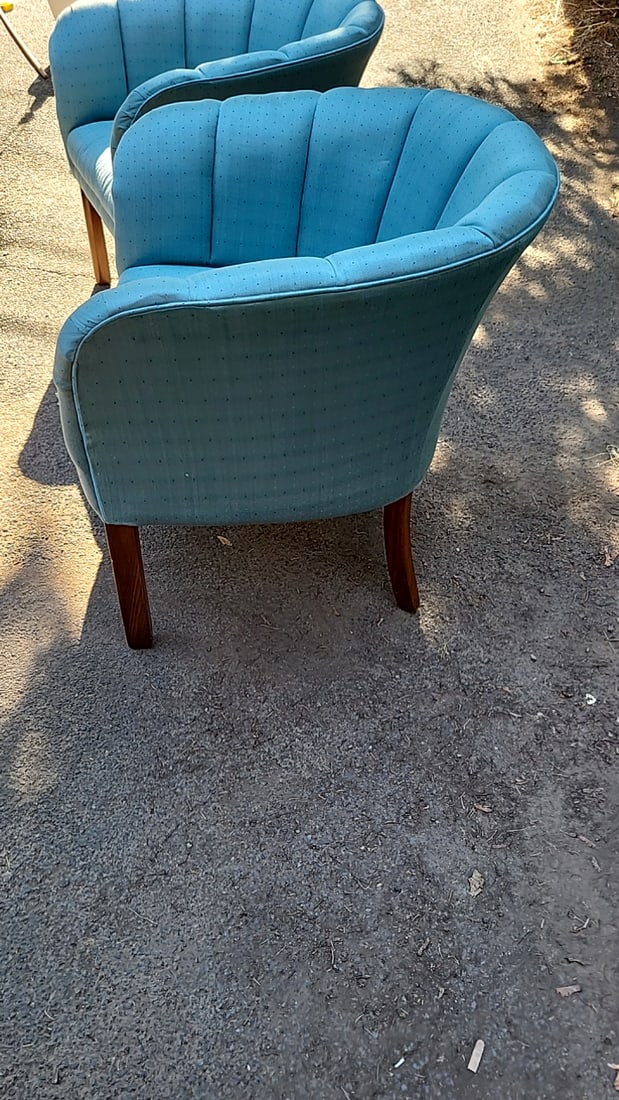 Pair Of Light Blue Upholstered Barrel Chairs With Channel Tufted Backs And Wood Legs - 4