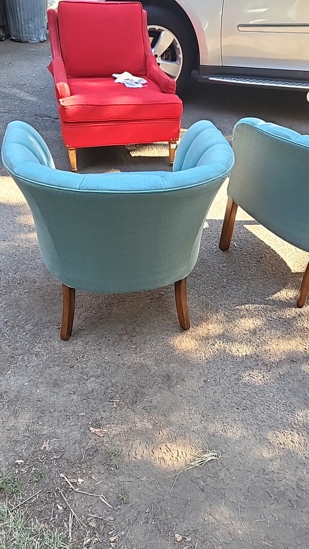 Pair Of Light Blue Upholstered Barrel Chairs With Channel Tufted Backs And Wood Legs - 5