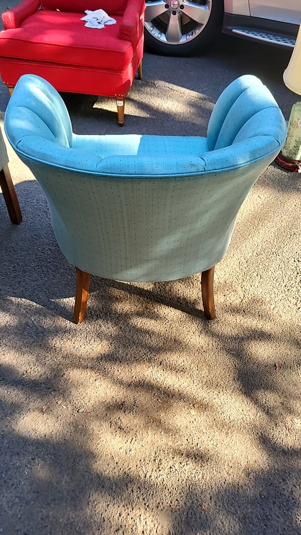 Pair Of Light Blue Upholstered Barrel Chairs With Channel Tufted Backs And Wood Legs - 6