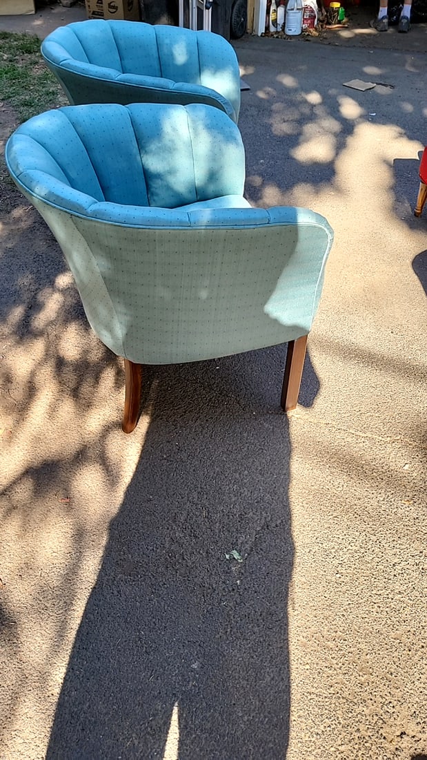 Pair Of Light Blue Upholstered Barrel Chairs With Channel Tufted Backs And Wood Legs - 7