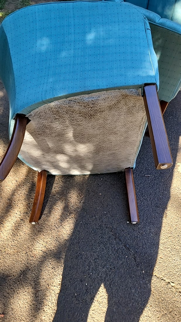 Pair Of Light Blue Upholstered Barrel Chairs With Channel Tufted Backs And Wood Legs - 8