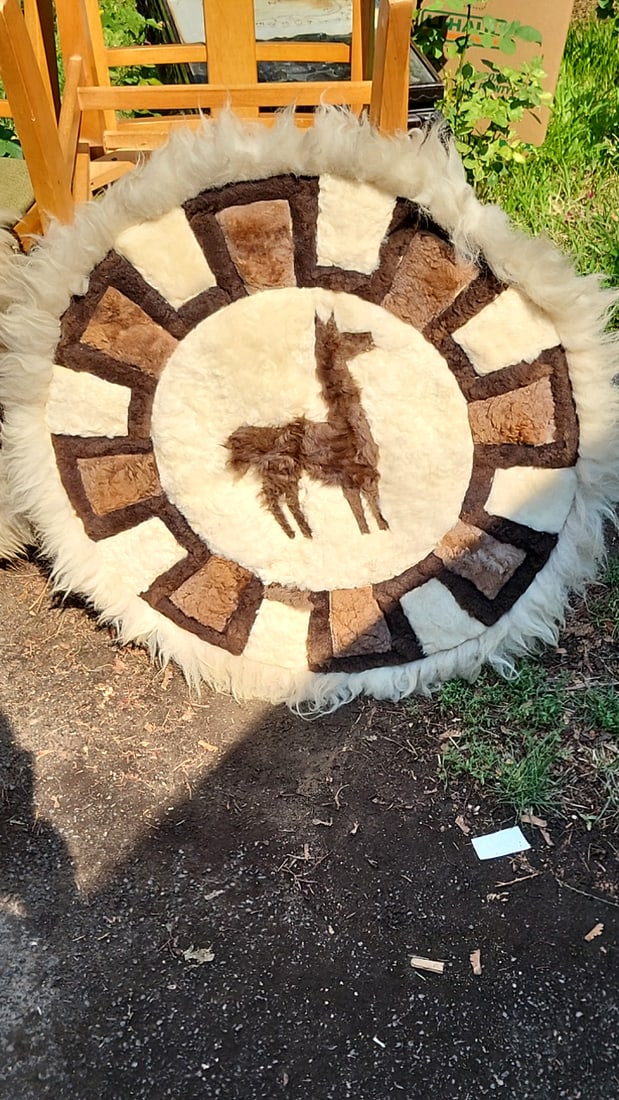 Baumgardner Frame Shop Pair Round Fur Llama Wall Hangings Brown Cream - 2