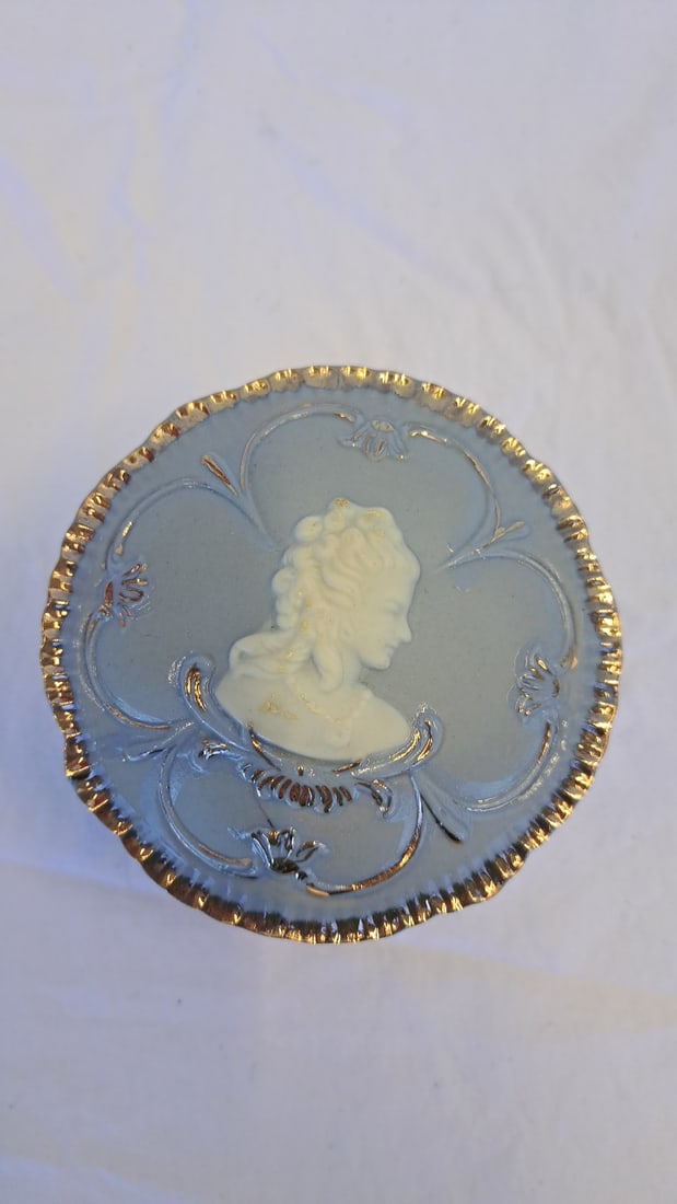 Blue Jasperware Style Round Covered Trinket Box With Cameo Cherub Relief And Gold Trim - 2