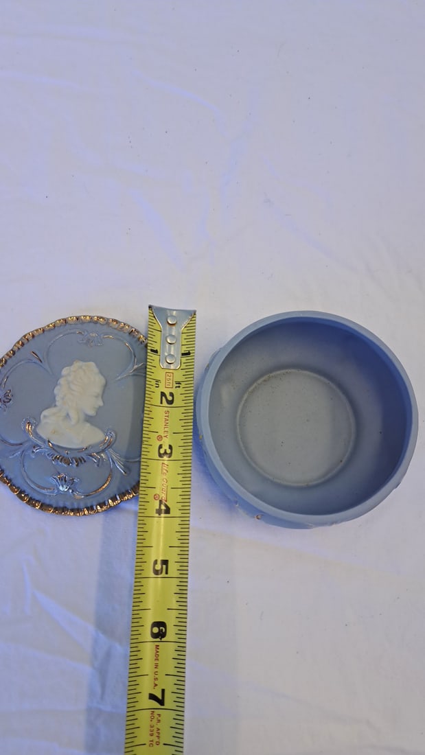Blue Jasperware Style Round Covered Trinket Box With Cameo Cherub Relief And Gold Trim - 3