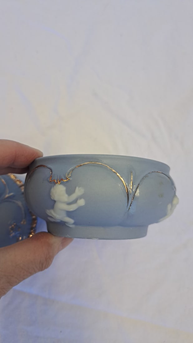Blue Jasperware Style Round Covered Trinket Box With Cameo Cherub Relief And Gold Trim - 4