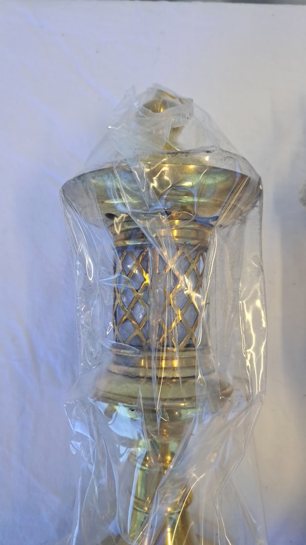 Pair Of Brass-tone Moroccan Style Electric Table Lamps With Lattice Lantern Shades - 2