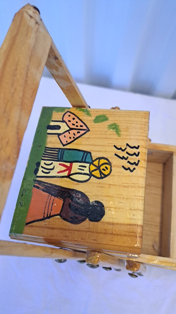 Hand-painted Wooden Cantilever Sewing Box With Southwestern Figures, Signed Mary M. Hamilton - 4