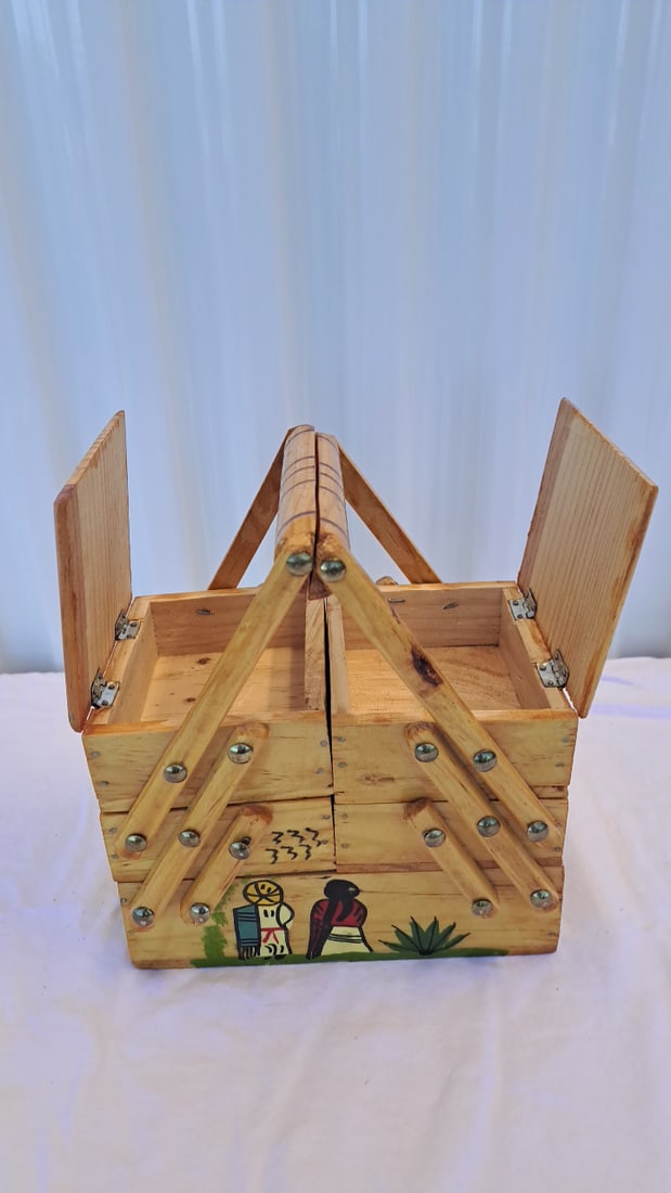 Hand-painted Wooden Cantilever Sewing Box With Southwestern Figures, Signed Mary M. Hamilton - 5