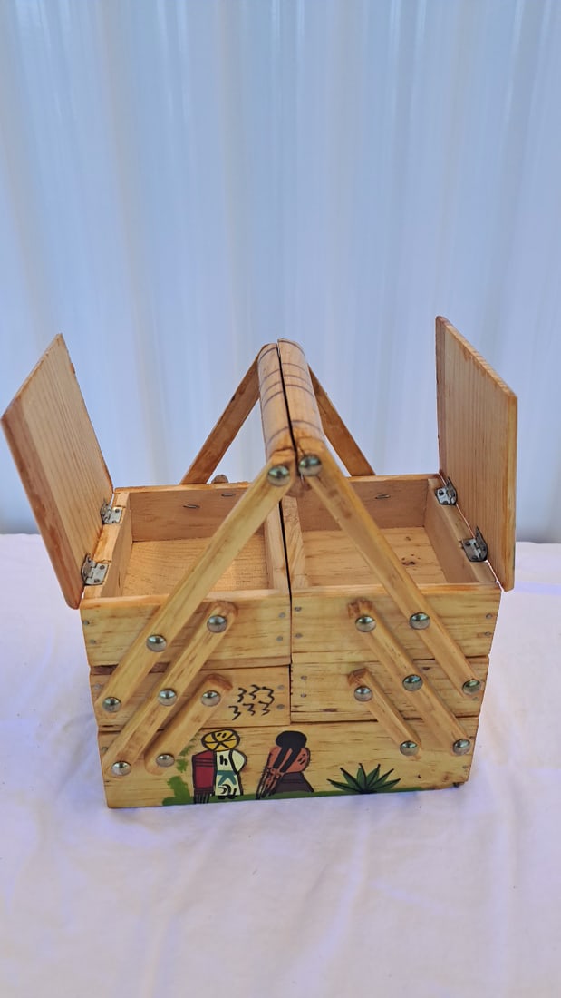 Hand-painted Wooden Cantilever Sewing Box With Southwestern Figures, Signed Mary M. Hamilton - 6