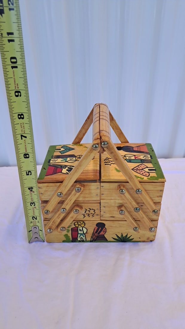 Hand-painted Wooden Cantilever Sewing Box With Southwestern Figures, Signed Mary M. Hamilton - 7