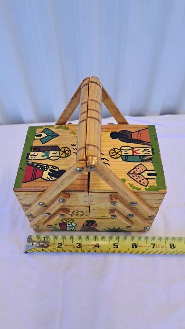Hand-painted Wooden Cantilever Sewing Box With Southwestern Figures, Signed Mary M. Hamilton - 8