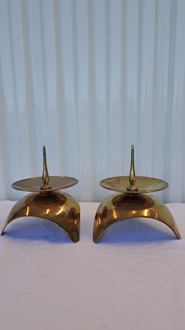 Pair Brass Taper Candle Holders With Round Drip Plates And Curved Tripod Bases - 2