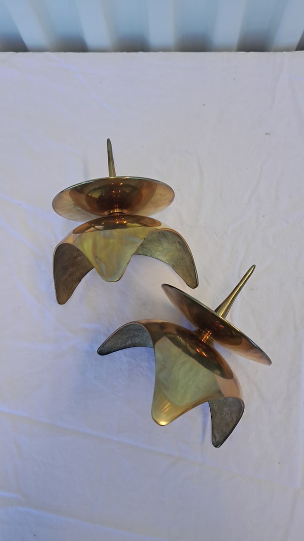 Pair Brass Taper Candle Holders With Round Drip Plates And Curved Tripod Bases - 5