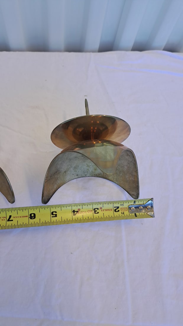 Pair Brass Taper Candle Holders With Round Drip Plates And Curved Tripod Bases - 7