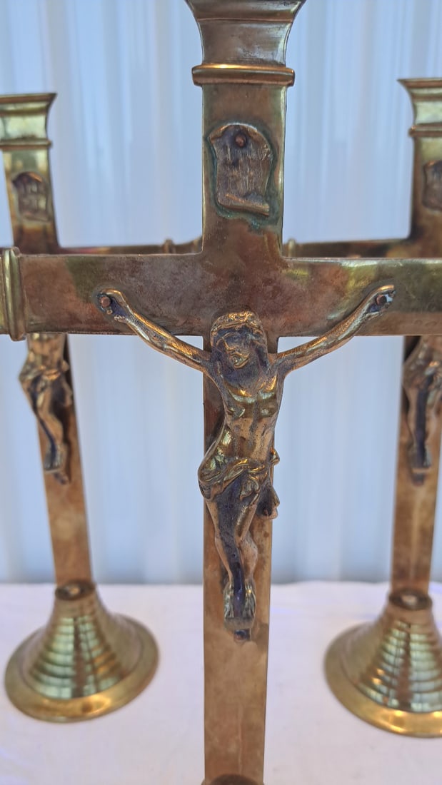 3 Brass Crucifix Altar Candlesticks With Jesus Christ - 2