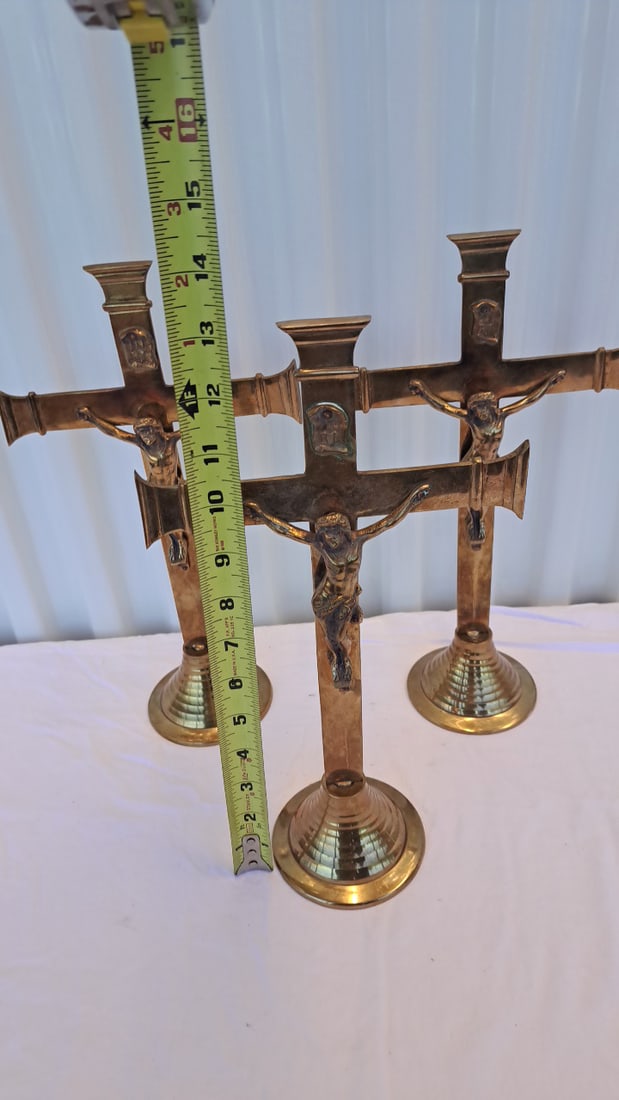 3 Brass Crucifix Altar Candlesticks With Jesus Christ - 3