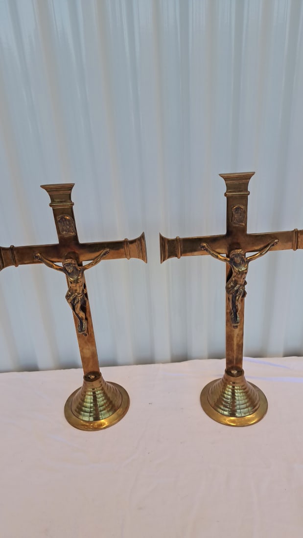 3 Brass Crucifix Altar Candlesticks With Jesus Christ - 4