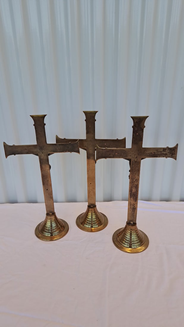 3 Brass Crucifix Altar Candlesticks With Jesus Christ - 6
