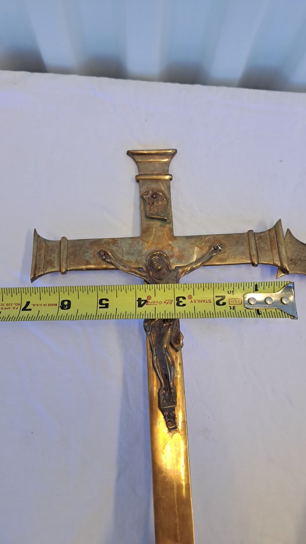 3 Brass Crucifix Altar Candlesticks With Jesus Christ - 9