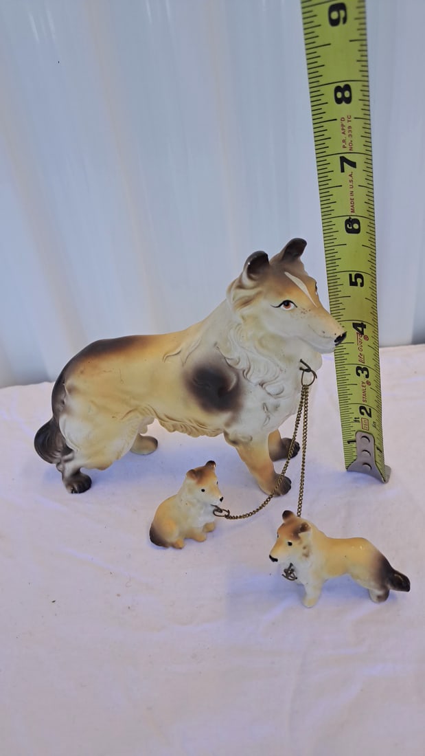 Ceramic Collie Dog Figurine With Two Puppies And Chain Leashes - 2