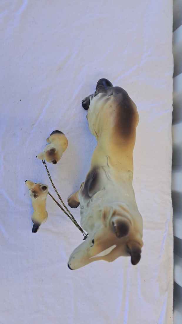 Ceramic Collie Dog Figurine With Two Puppies And Chain Leashes - 4