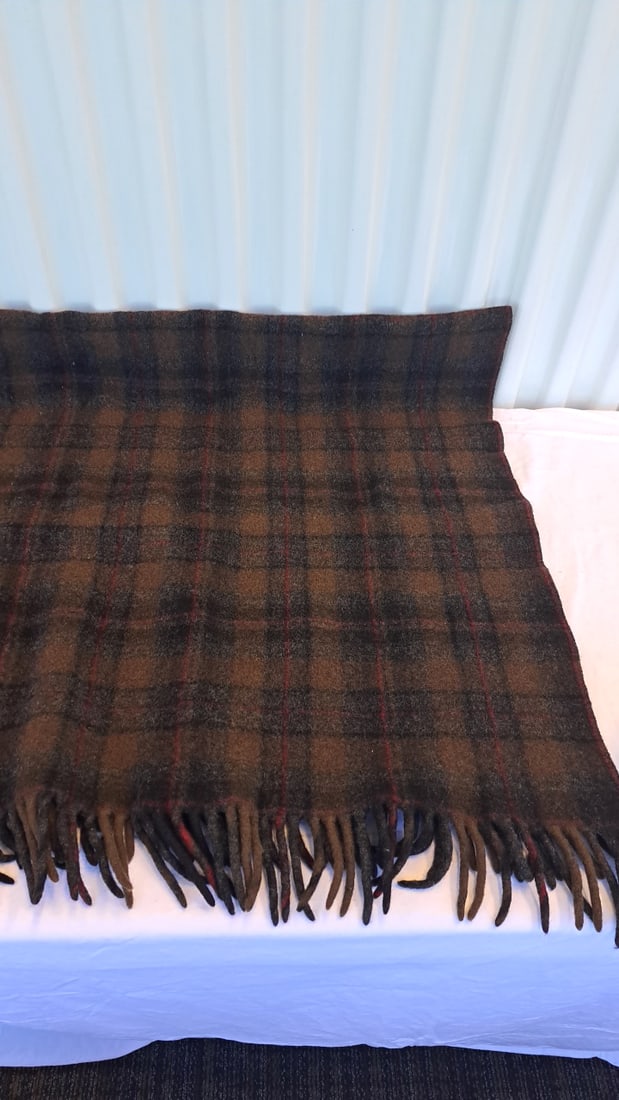 Pendleton Woolen Mills 100% Virgin Wool Brown Gray Red Plaid Fringed Blanket - 5