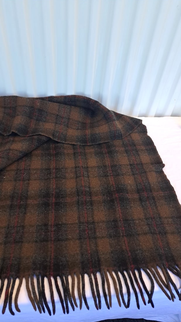 Pendleton Woolen Mills 100% Virgin Wool Brown Gray Red Plaid Fringed Blanket - 9