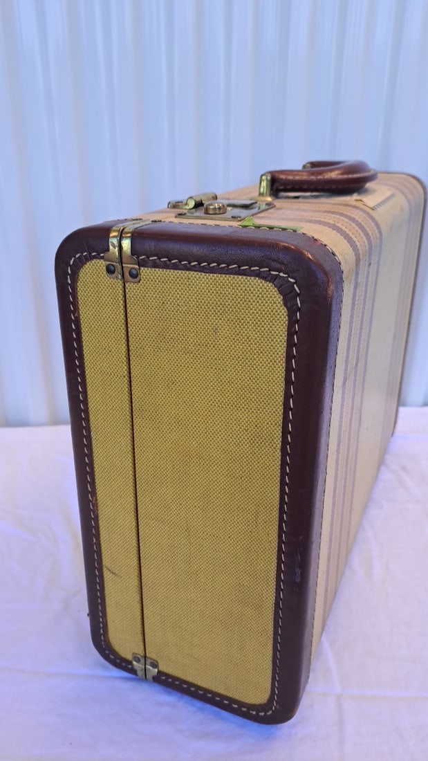 Tan Striped Canvas Suitcase Brown Leather Trim Brass Latches 18 X 13 X 6 In - 2