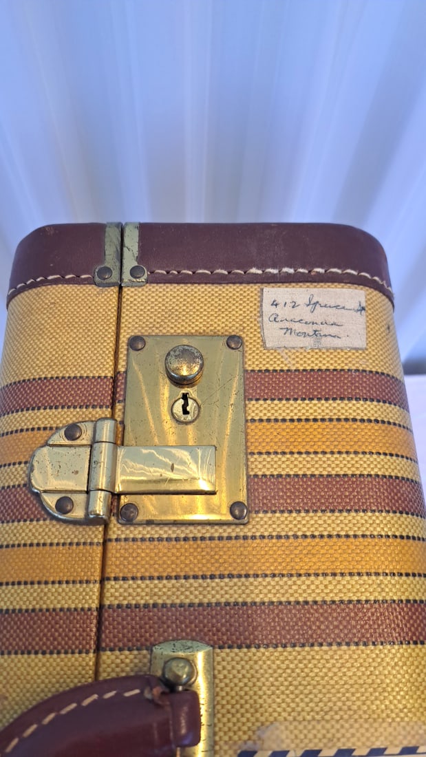 Tan Striped Canvas Suitcase Brown Leather Trim Brass Latches 18 X 13 X 6 In - 3