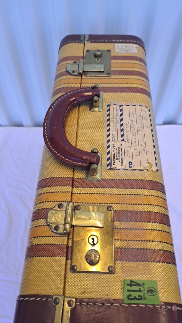 Tan Striped Canvas Suitcase Brown Leather Trim Brass Latches 18 X 13 X 6 In - 4