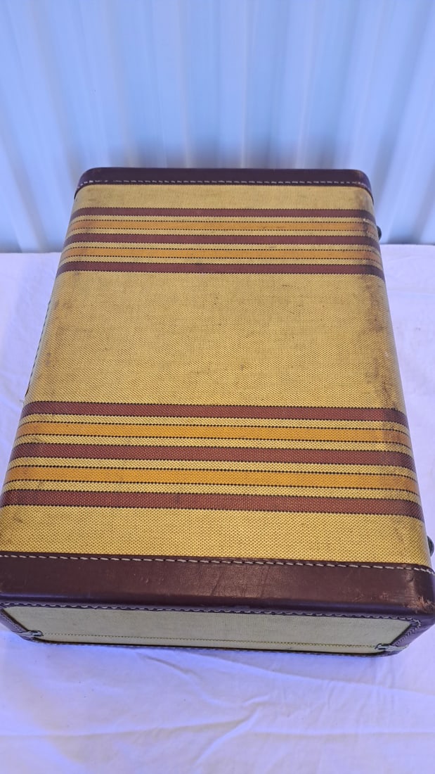 Tan Striped Canvas Suitcase Brown Leather Trim Brass Latches 18 X 13 X 6 In - 5